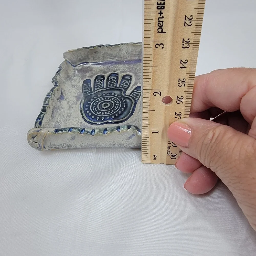 Artist Signed Healing Hand Hamsa Trinket Tray  Blue  Ceramic Pottery